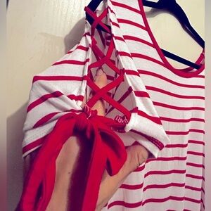 French Laundry red striped shirt with lace sleeves, size medium.